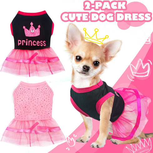 2-Pack Dog Dresses for Small Dog Girls Cute Princess Girl Dog Clothes with Bling Rhinestones Tutu Pet Dress Outfit Female Dog Clothes for Small Do...