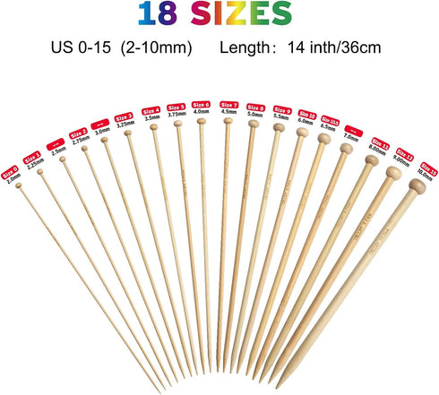 Bamboo Knitting Needles Set, 18 Pairs 14 Inch Long Wooden Knitting Needles for Beginners, US Size 0-15 (2.0-10.0mm) Single Point Straight Wood Nee...