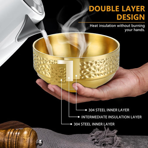 2PCS Large 304 Stainless Steel Salad Bowl, 5.9" 25 Oz Double-Walled Thicken Soup Bowls, Gold Cereal Serving Bowls, Metal Mixing Bowls for Serving ...