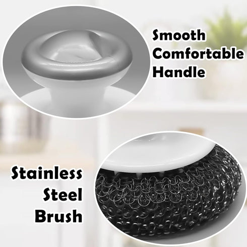 2Pcs Stainless Steel Wool Scrubber with Handle, Heavy Duty Pot Scrubbers Dish Scrubber Cleaning Brush Wash for Dish, Stainless Steel Scrubbing Bru...
