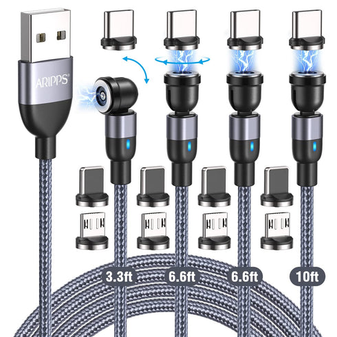 Magnetic Charging Cable 4 Pack (3.3ft/6.6ft/6.6ft/10ft), 540 Degree Rotating Magnetic Phone Charger Cable, 3 in 1 Nylon Braided Magnetic USB Cable...