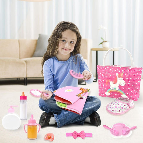 BNUZEIYI Baby Doll Accessories -Baby Doll Feeding and Caring Set with Diaper Bag Bottles for Girls Toys Gift, Stuff Doll Clothes fit 14-16 Inch Do...
