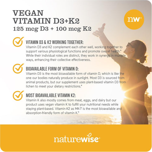NatureWise Vitamin D3 + K2 with Plant Based Vitamin D3 5000IU & 100mcg Vitamin K2 as MK-7 - Max Absorption - Vegan Non-GMO - Immune Support - with...