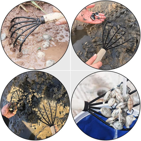 GANAZONO Tools Beach Rake Beach Rake 2pcs Claw Rake with Net Wooden Handle Seafood Digging Rakes Clam Scraper Oyster Shell Digging Tool for Beach ...