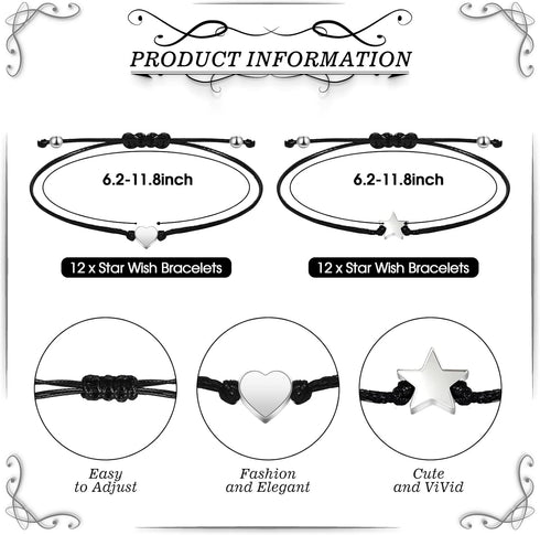 24 Sets Wish Card Bracelets for Women Braided Heart and Star Adjustable Wish Bracelets Wax Rope Matching Couple Bracelet Woven Bracelets with Wish...