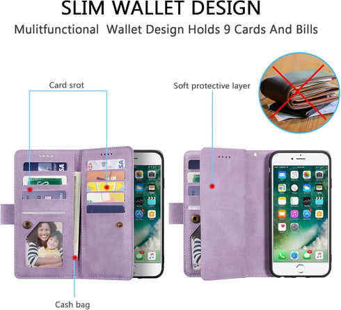 UEEBAI Wallet Case for iPhone SE 2022 5G/iPhone 7/iPhone 8/iPhone SE 2020, Retro 9 Card Slots Zipper Pocket Handbag PU Leather Magnetic Cover Wris...