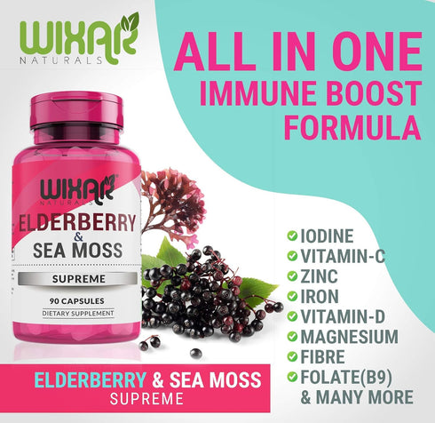 Elderberry and Sea Moss Supreme Capsules - Natural Black Elderberries with Wildcrafted Sea Moss Pills - 90 Capsules - Antioxidants - Herbal Supple...