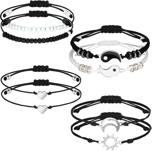 Hicarer 4 Sets Matching Yin Yang Friend Couple Bracelets Pinky Promise Bracelets Sun and Moon Bead Heart Bracelet for BFF Friendship Relationship ...