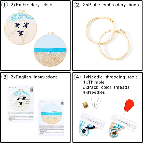 Embroidery Kit for Beginner Adults, Stamped Cross Stitch kits for Adults Beginners, Ocean Hand Embroidery Starter Needlepoint Kit, 2 Set Embroider...