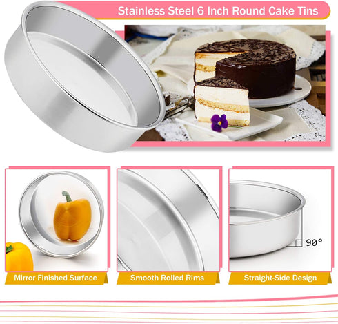 TeamFar 6 Inch Cake Pan, 2 PCS Stainless Steel Round Baking Pan with Parchment Paper & Side Liner Roll, Non-Toxic & Heavy Duty, Non-Stick & Heat-R...