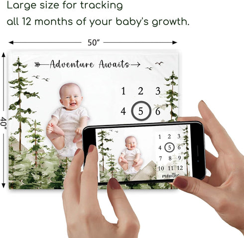 Adventure Awaits Baby Milestone Blanket with Birth Stat Sign, Mountain Baby Growth Chart Monthly Blanket, Watch Me Grow Adventure Baby Nursery for...