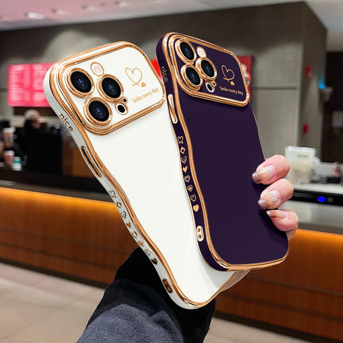 LCHULLE for iPhone 15 Pro Max Case for Women Girls, Cute Wave Frame Curly Shape with Love Heart Raised Camera Protection Cover Luxury Plating Shoc...