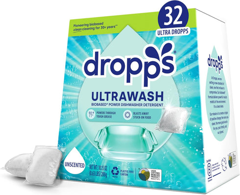 Dropps Dishwasher Detergent Pods: Unscented | 32 Count | Cuts Grease & Fights Stuck On Food | For Sparkling Glassware & Dishes | Low Waste Packagi...