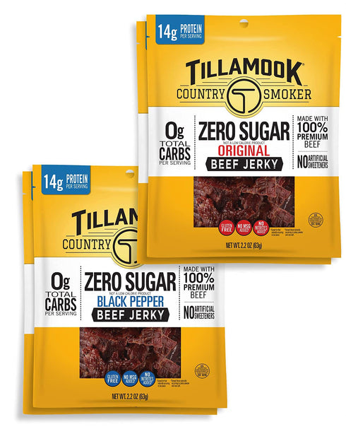 Tillamook Country Smoker Keto Friendly Zero Sugar Beef Jerky Variety Pack, Original & Black Pepper, 2.2 Ounce (Pack of 4)...