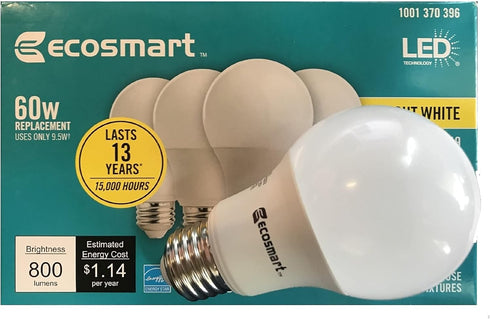 LED TECHNOLOGY EcoSmart 60-Watt Equivalent A19 Dimmable Energy Star LED Light Bulb Bright White (4-Pack)...