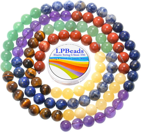 LPBeads 100PCS 8mm Round Natural Chakra Beads Gemstone Round Loose Beads for Jewelry Making with Crystal Stretch Cord...