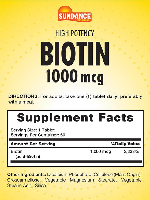 Sundance High Potency Biotin 1,000 mcg | 60 Tablets | Essential B Vitamin | Vegetarian, Non-GMO, and Gluten Free Supplement...