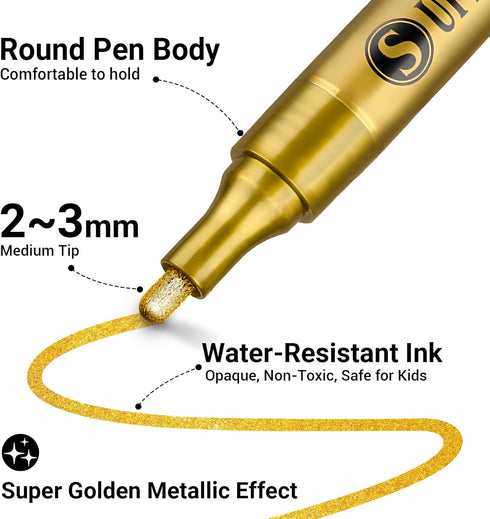 Super Golden Metallic Paint Markers, 12 Colors Sparkle Metallic Glitter Markers, Acrylic Paint Pens for Rock Painting, Glass, Wood, Fabric, Black ...
