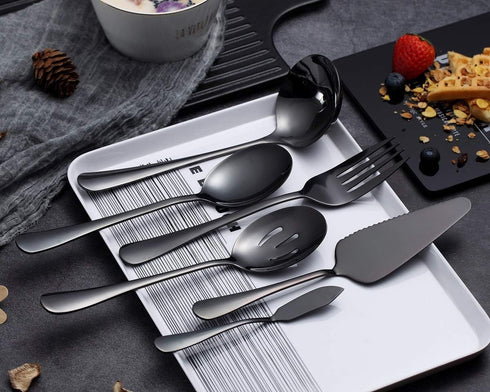 HOMQUEN 6-Piece Black Serving Flatware Silverware Set,Stainless Steel Serving Utensil Set,Include Cake Server, Slotted Serving Spoon, Serving Spoo...