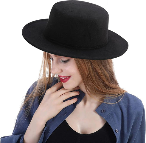 Fashion Classic Black Fedora Flat Hat, Wide Brim Jazz Hats Church Derby Cap for Women and Men...