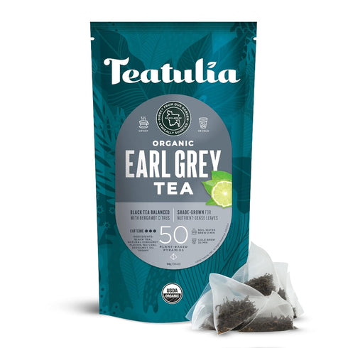 Teatulia Organic Earl Grey Tea Bags (50 Pyramid Sachet Teabags) Whole Leaf Flower 100% Compostable Black Tea + Bergamot Citrus Sustainably Grown I...