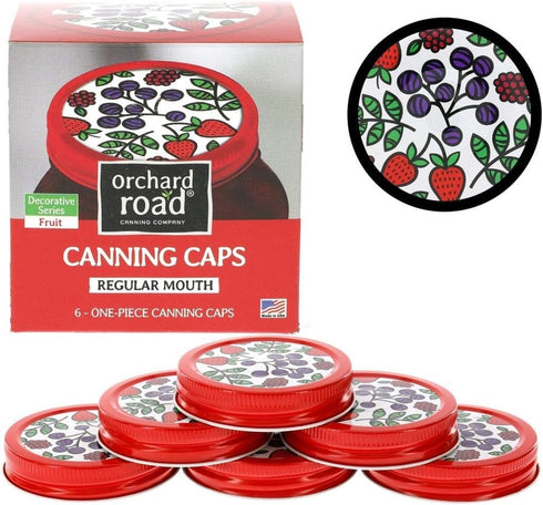 Mason Jar Lids - Decorative Canning Caps Fit Regular Mouth Mason Jars - Fruit Design - Pack of 6...