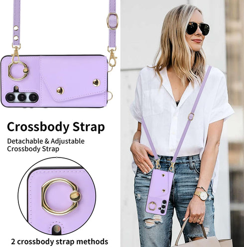 for Samsung Galaxy S24 Phone Case for Women, Crossbody Wallet Case with Credit Card Holder Lanyard Shockproof Purse Kickstand Case for Samsung Gal...