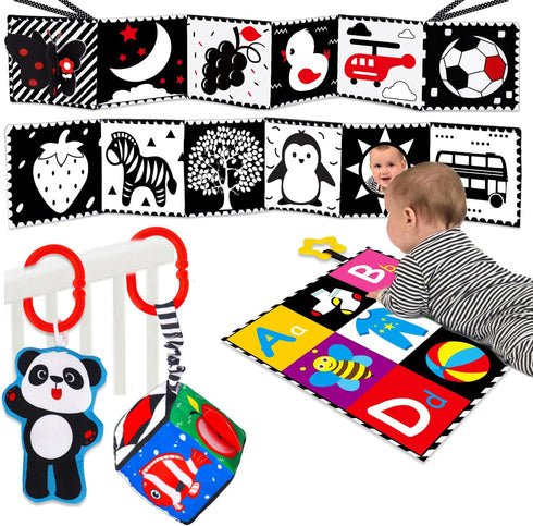 4 PCS Black and White High Contrast Baby Toys 0-3-6 Months Newborn Essential Montessori Toys for Babies Crinkle Sensory Book for Brain Development...