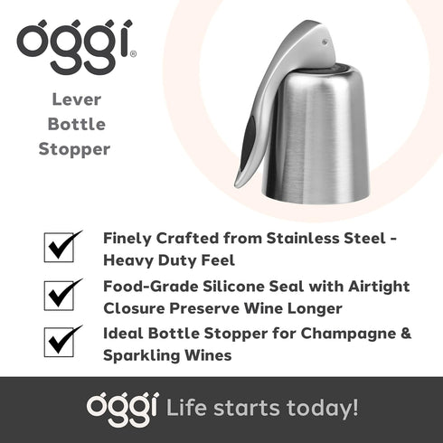 OGGI Bottle Stopper - Ideal for Champagne & Sparkling Wine, Stainless Steel Wine Topper Set - Stylish Wine Saver Stoppers with Airtight Wine Seale...