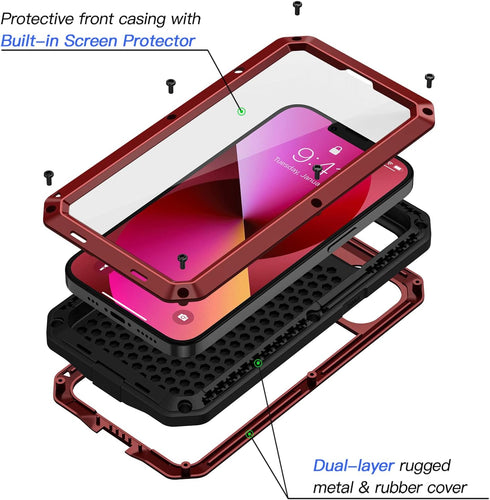 Lanhiem for iPhone 13 Metal Case, Heavy Duty Shockproof Tough Rugged Case with Built-in Glass Screen Protector, 360 Full Body Protective Cover for...