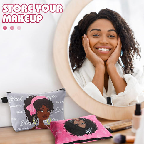 Chunful 9 Pcs Black Women Makeup Bag African American Make up Pouch Bags Canvas Travel Cosmetic Bags for Women Queen Zippered Toiletry Bag Reusabl...