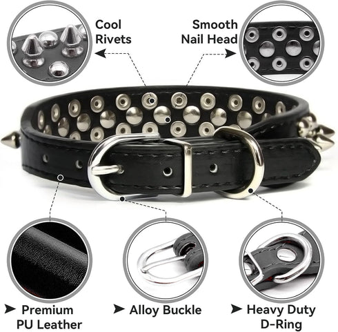 Spiked Dog Cat Collar Male Black Soft Leather Spike Puppy Collars Adjustable Mushroom Anti Bite Studded Dog Collars for Small Medium Large Dogs Ch...