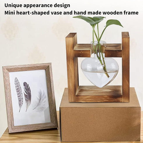 Plant Terrarium with Wooden Stand,Heart Shaped Transparent Glass Vase Flower Pot Hydroponics Plant Propagation Station for Hydroponics Plants Home...