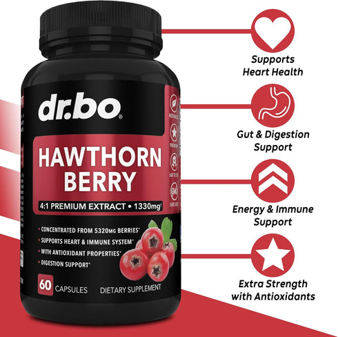 Hawthorn Berry Capsules Supplement - 1330mg 4:1 Hawthorn Extract for Digestion & Heart Health Supplements - Extra Strength Fresh Hawthorn Berry Ex...