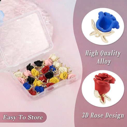 Craftdady 24Pcs Alloy Rose Charms 6 Colors 3D Flower Pendants Red Pink Black Rose Floral Bead Charms Spray Painted for Crafts DIY Valentine's Day ...
