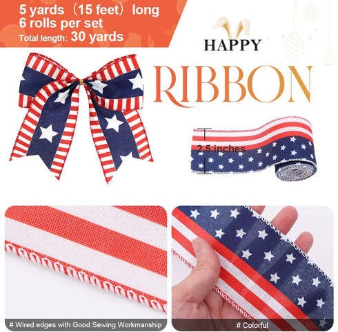 2.5'' Patriotic Ribbon and Blue Crafting Ribbon(30 Yards). Stars Stripes, Vintage Red Truck,American Flag,Uncle Sam Hats, Fireworks, Rockets ,Gnom...