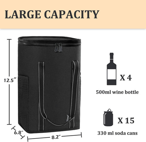 Vina 4 Bottle Wine Carrier - Travel Insulated Wine Carrying Case Cooler Tote Bag with Detachable Divider and Strong Handle, Great for Picnic, Beac...