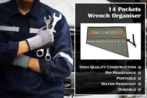 Wrench Roll Bag Organizer Tool Pouch Tools Bag Metric & SAE Hand Crafted, Heavy Weight, Water Proof Ballistic Polyester Oxford Canvas 14 Pocket - ...