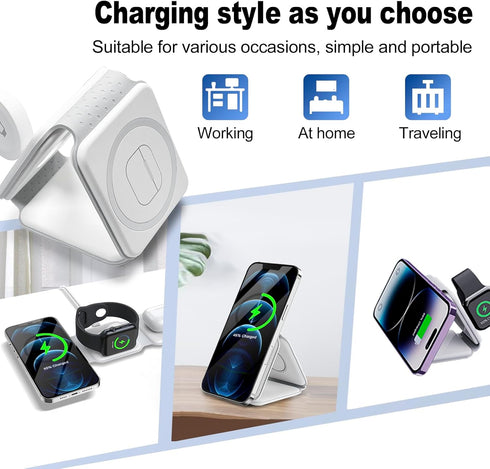 3 in 1 Travel Charging Station for Apple Multiple Devices, Magnetic Foldable Travel Charger for Multiple Devices for iPhone 15 14 13 12 Series & A...