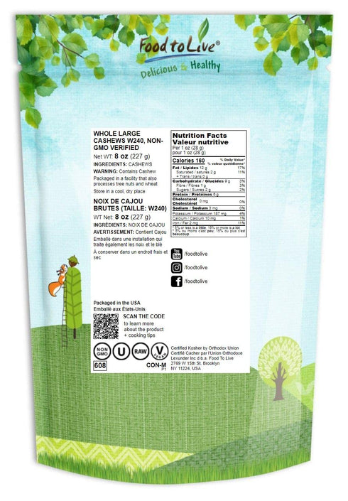 Food to Live - Cashew Nuts, 8 Ounces Non-GMO Verified, Large Size W240, Whole Nuts, Unsalted, Kosher, Raw, Vegan, Bulk...
