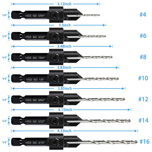 7 Pack Countersink Drill Bits Set, Wood Drill Countersink Counterbore 3in1, Three 82-Degree Chamfer Cutters, M2 Counterbore Cutting Depth Adjustab...