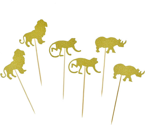 30 Pack Gold Glitter Jungle Safari Animal Cake Cupcake Toppers Cupcake Picks Decorations for Jungle Safari Animal Themed Baby Shower Birthday Part...