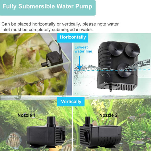 hygger Ultra Quiet 53GPH (200L/H, 3W) Submersible Mini Water Pump Comes with 2 Nozzles, for Aquariums, Fish Tank, Fountain, Hydroponics, Max Lift ...