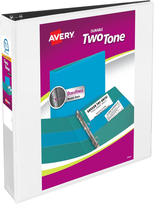 Avery Two-Tone Durable View 3 Ring Binder, 1.5 Inch Slant Rings, White/Black Binder (17287)...