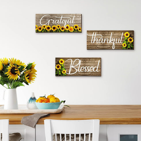 Nuanchu 3 Pcs Sunflower Thankful Grateful Blessed Wall Decor Art Signs Wooden Hanging Wall Plaques Sunflowers Prints Decor for Thanksgiving Bathro...