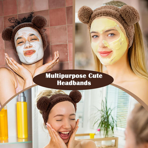 Ondder 2 Pcs Bear Ears Skincare Headbands Cure Makeup Headband Coffee Spa Headband for Washing Face Brown Face Wash Elastic Facial Headband Head B...