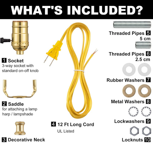 Lamp Repair Kit for Table Lamps and Floor Lamps, Lamp Rewiring Kit with 3 Way Lamp Socket Replacement, 12FT Cord and Essential Hardware, Lamp Part...