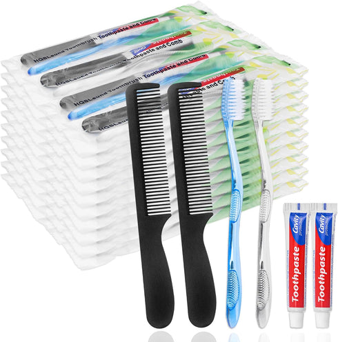 30 Pack Disposable Toothbrushes with Toothpaste and Comb for Homeless Individually Wrapped,10g Travel Toothpaste,7inch Black Hair Comb,Soft Bristl...