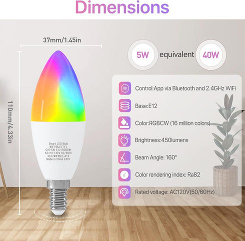 ORALUCE Smart Light Bulb Work with Alexa & Google Home, C37 E12 LED Light Bulb 40W Equivalent, 2.4GHz WiFi & Bluetooth Color Changing APP Dimmable...