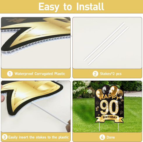 2Pcs 90th Birthday Yard Sign Decorations with Stakes, Large Size 16'' Black Gold Happy 90th Birthday Made in 1934 Waterproof Outdoor Lawn Signs De...